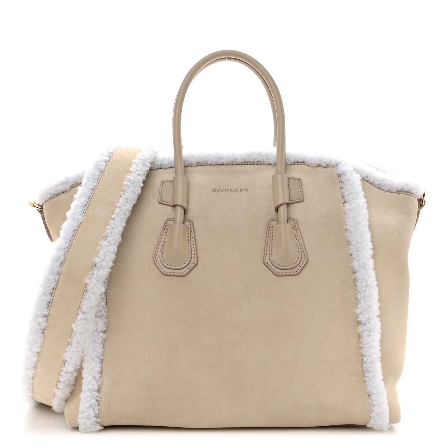 Suede Shearling Small Antigona Natural Beige