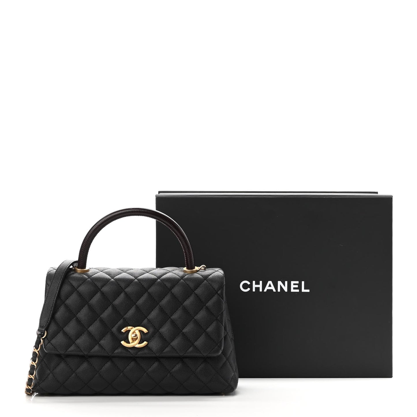 Caviar Lizard Embossed Quilted Small Coco Handle Flap Black