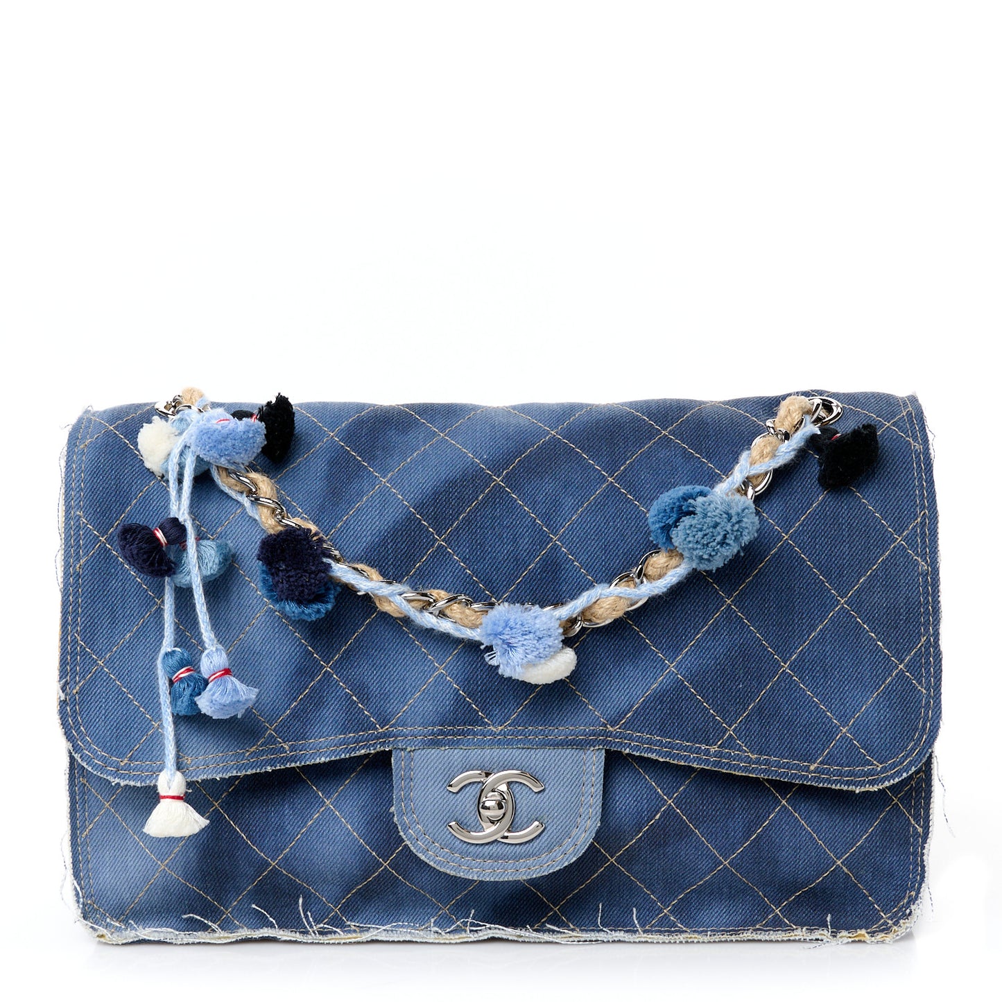 Denim Quilted Jumbo Pompom Flap Dark Blue