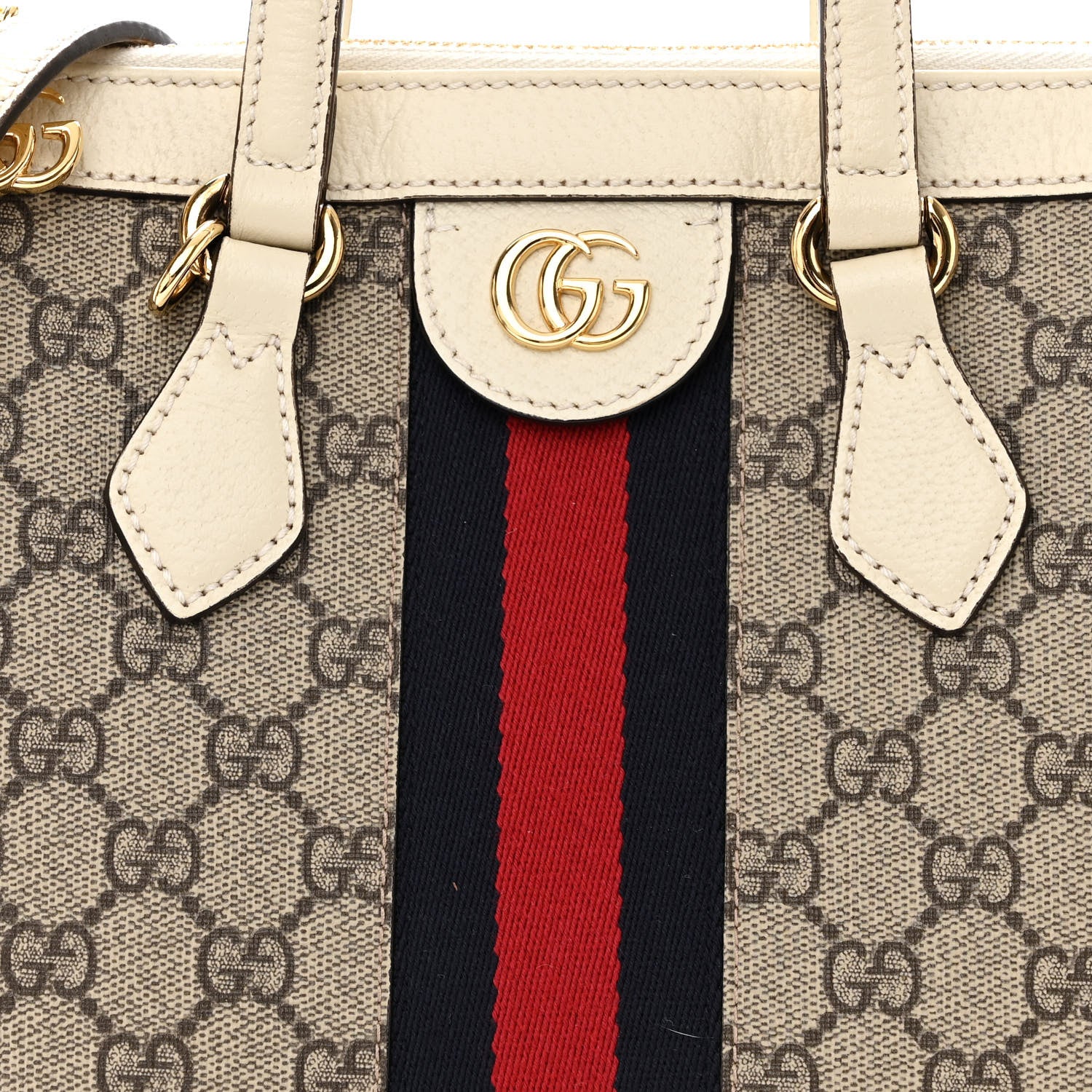 Gucci GG Supreme Monogram Textured Dollar Calfskin Web Small Ophidia Tote Bag Beige Ebony Mystic White 9 of 13