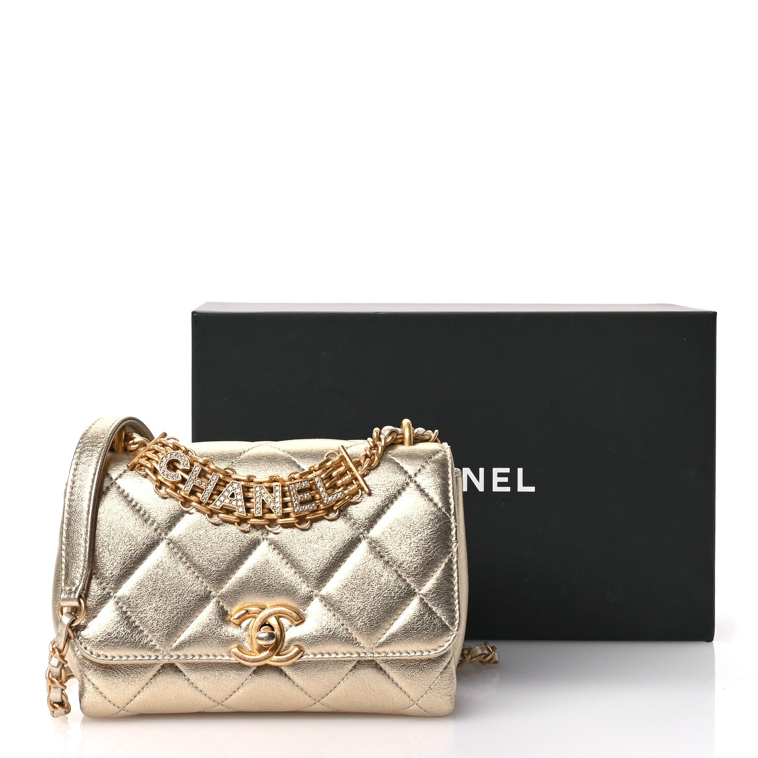 Chanel Metallic Lambskin Quilted Mini CC Crystal Logo Chain Flap Gold 11 of 11