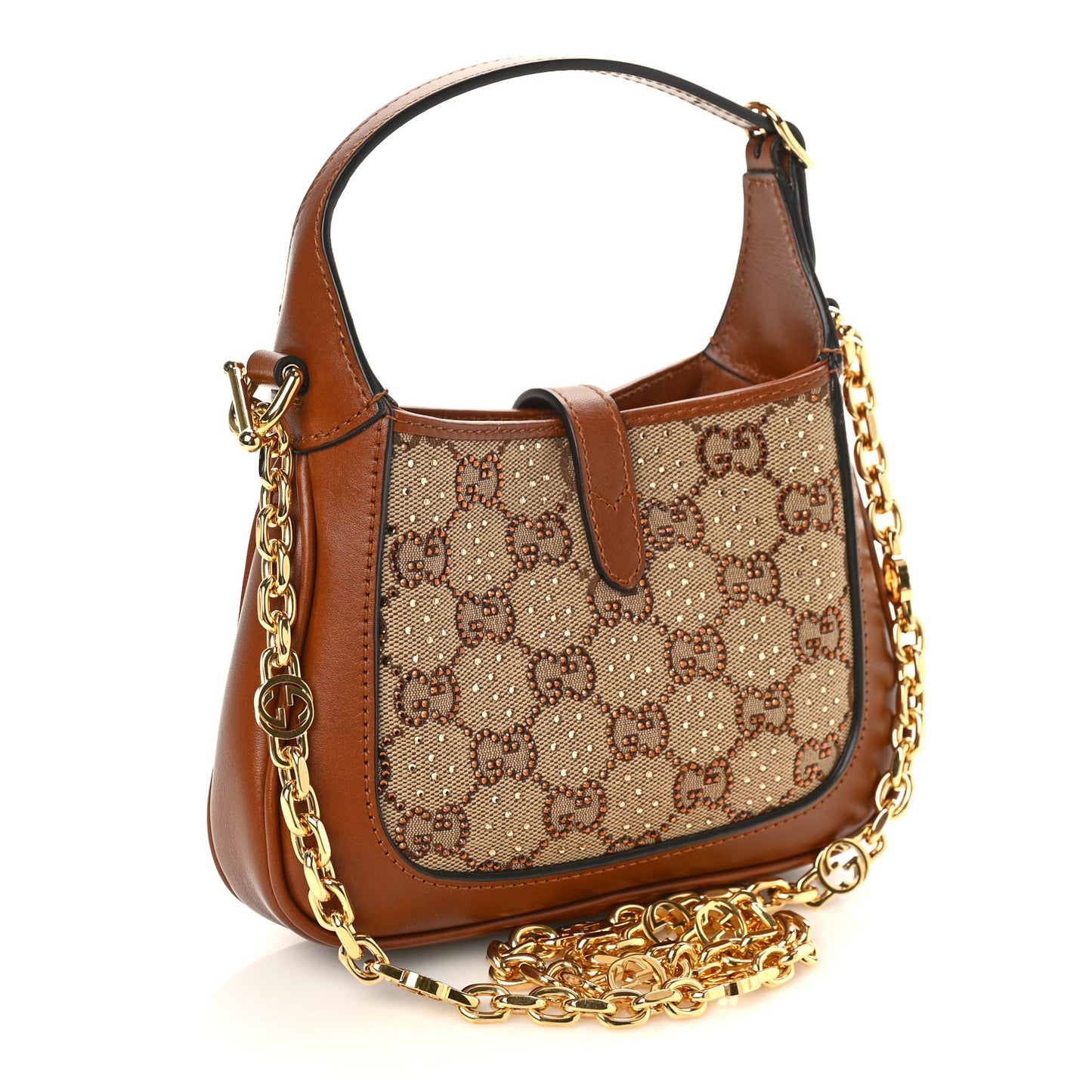 New Canvas Charisma Calfskin Crystal GG Monogram Mini Jackie 1961 Hobo Camel Ebony