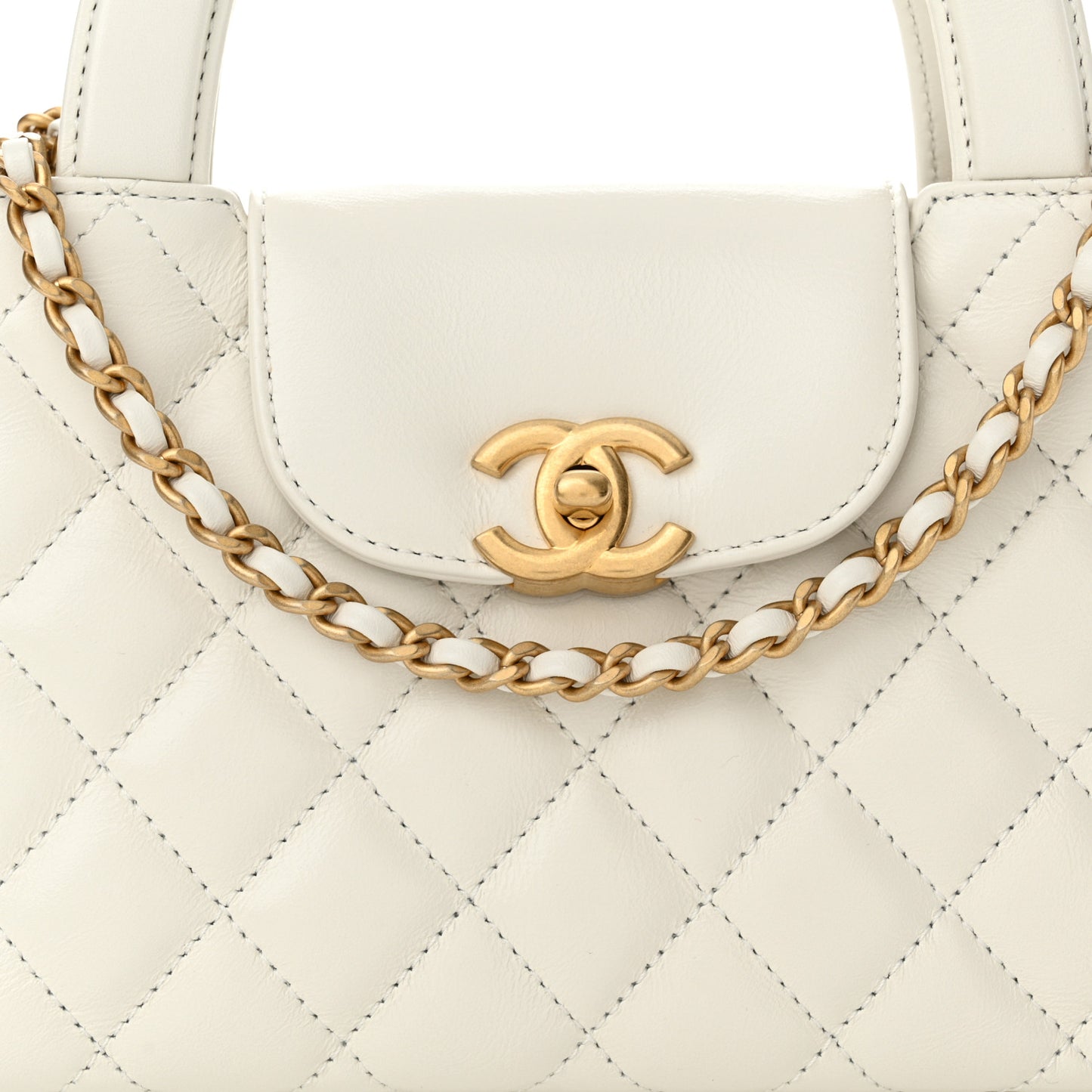 Shiny Aged Calfskin Quilted Nano Kelly Shopper White