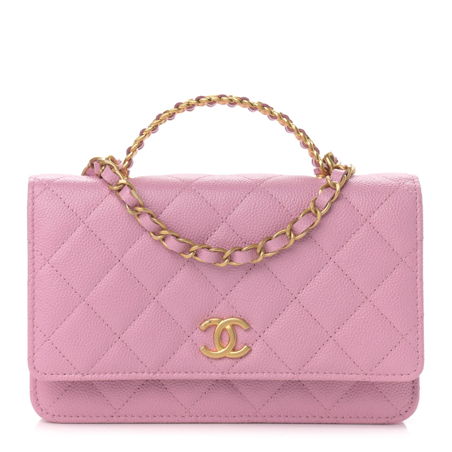Shiny Caviar Quilted Pick Me Up Wallet On Chain WOC Pink