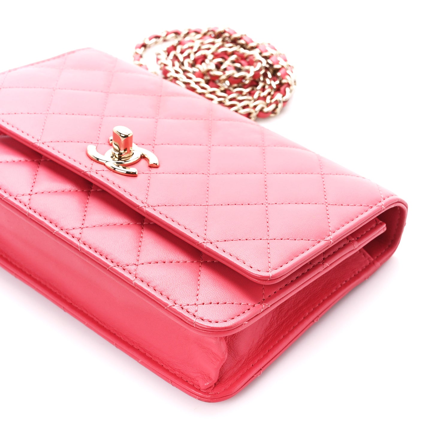 Lambskin Quilted Trendy CC Wallet On Chain WOC Pink