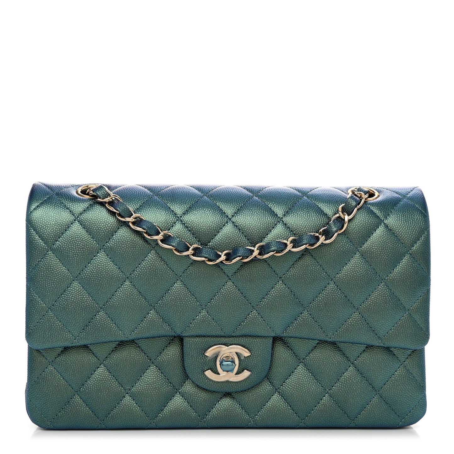 Iridescent Caviar Quilted Medium Double Flap Green