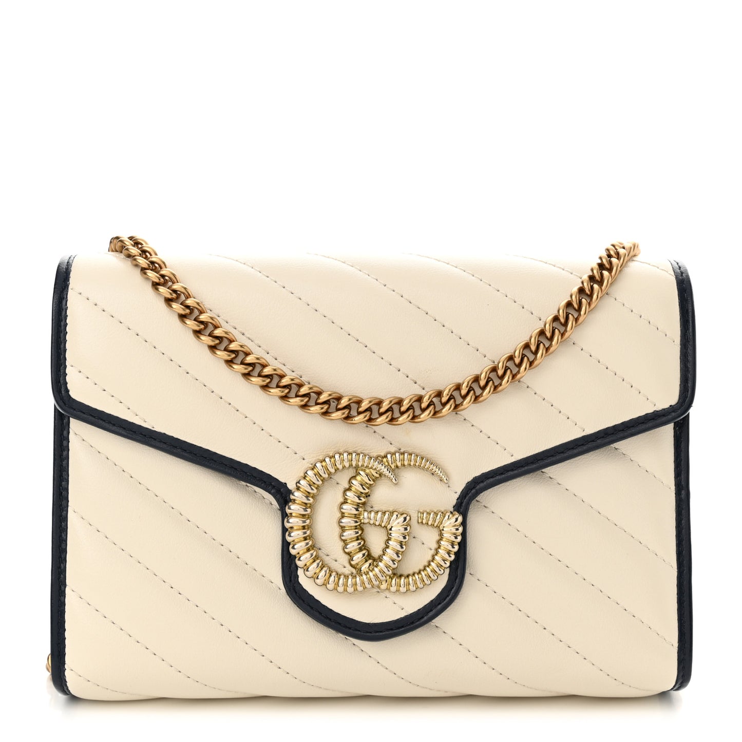 Vintage Effect Calfskin Matelasse Diagonal Torchon GG Marmont Chain Wallet Mystic White Blue Agata