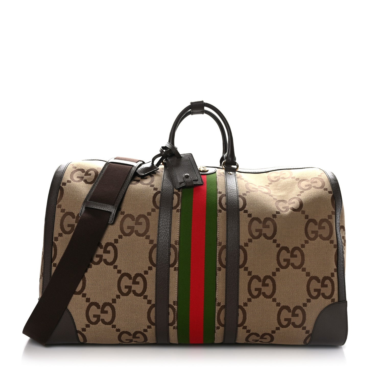 Monogram Jumbo GG Textured Dollar Calfskin Web Maxi Duffle Bag Camel Ebony