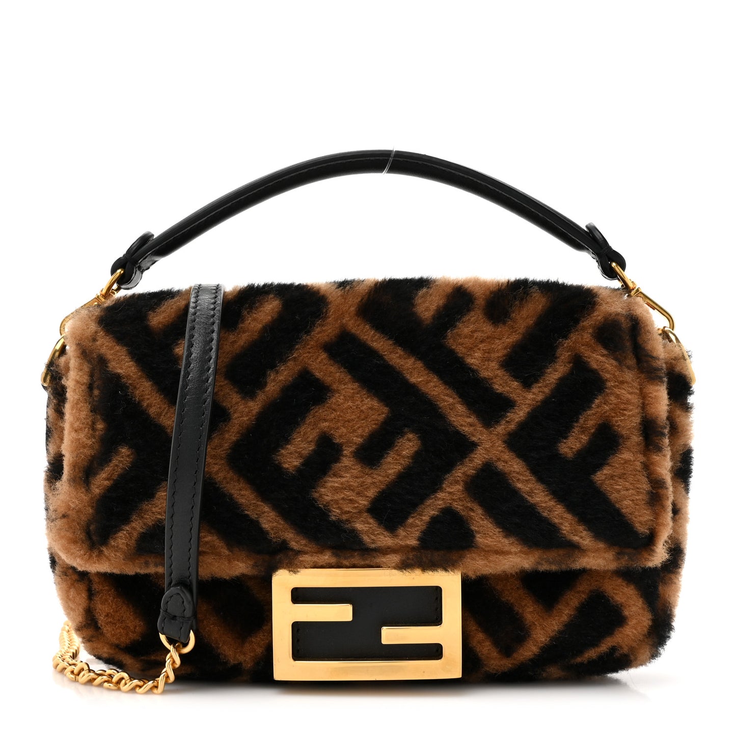 Shearling Vitello Dolce Macro FF 1974 Mini Baguette Tobacco Black