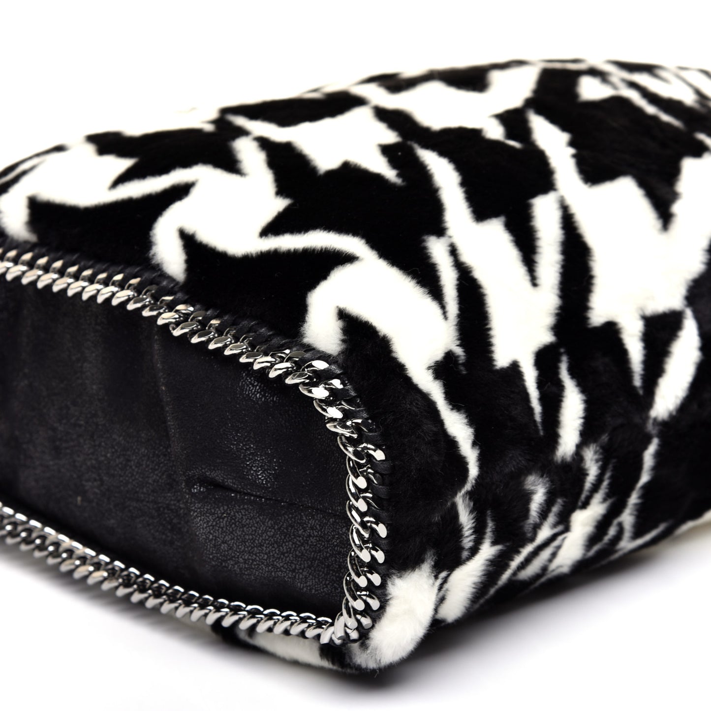 Eco Fur Houndstooth Big Falabella Fold Over Tote Black White