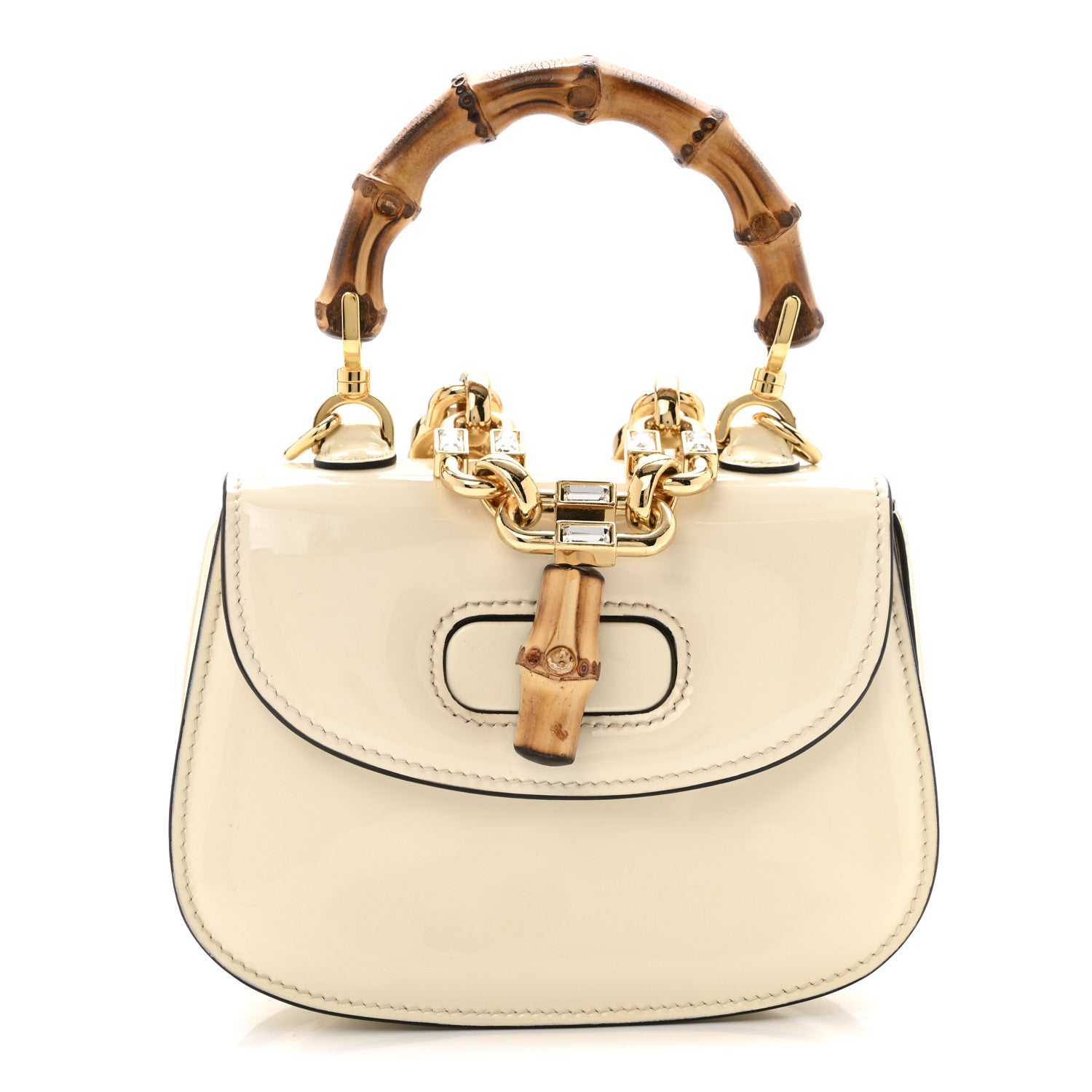 Gucci Patent Crystal Mini Bamboo 1947 Top Handle Chain Bag White