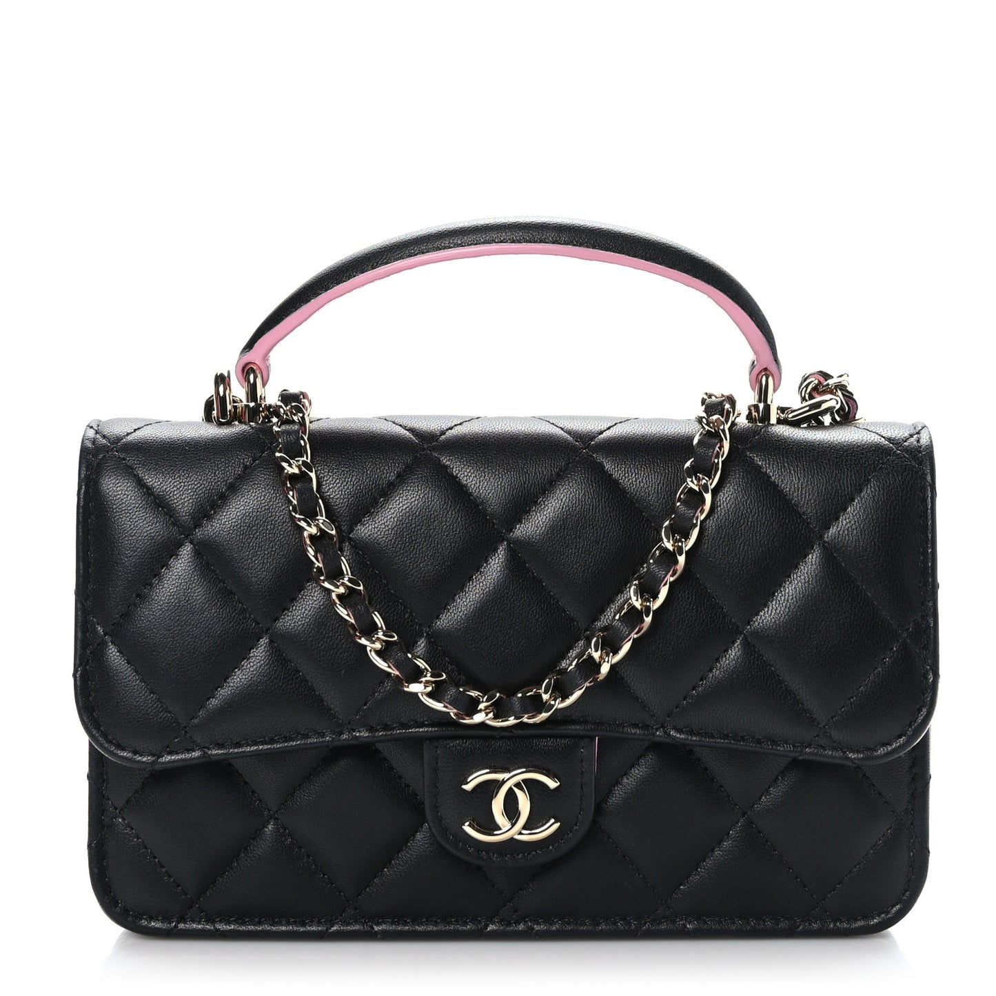 Lambskin Quilted Flap Phone Holder With Chain Black Lilac