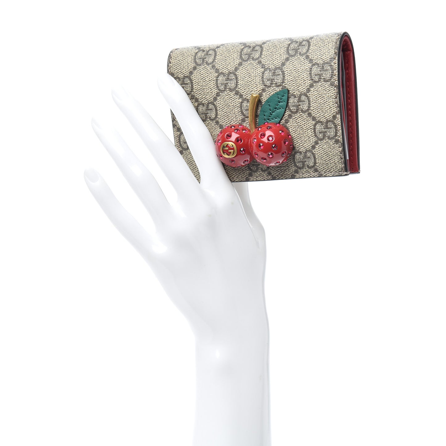 GG Supreme Monogram Cherry Embellished Card Case Wallet Hibiscus Red