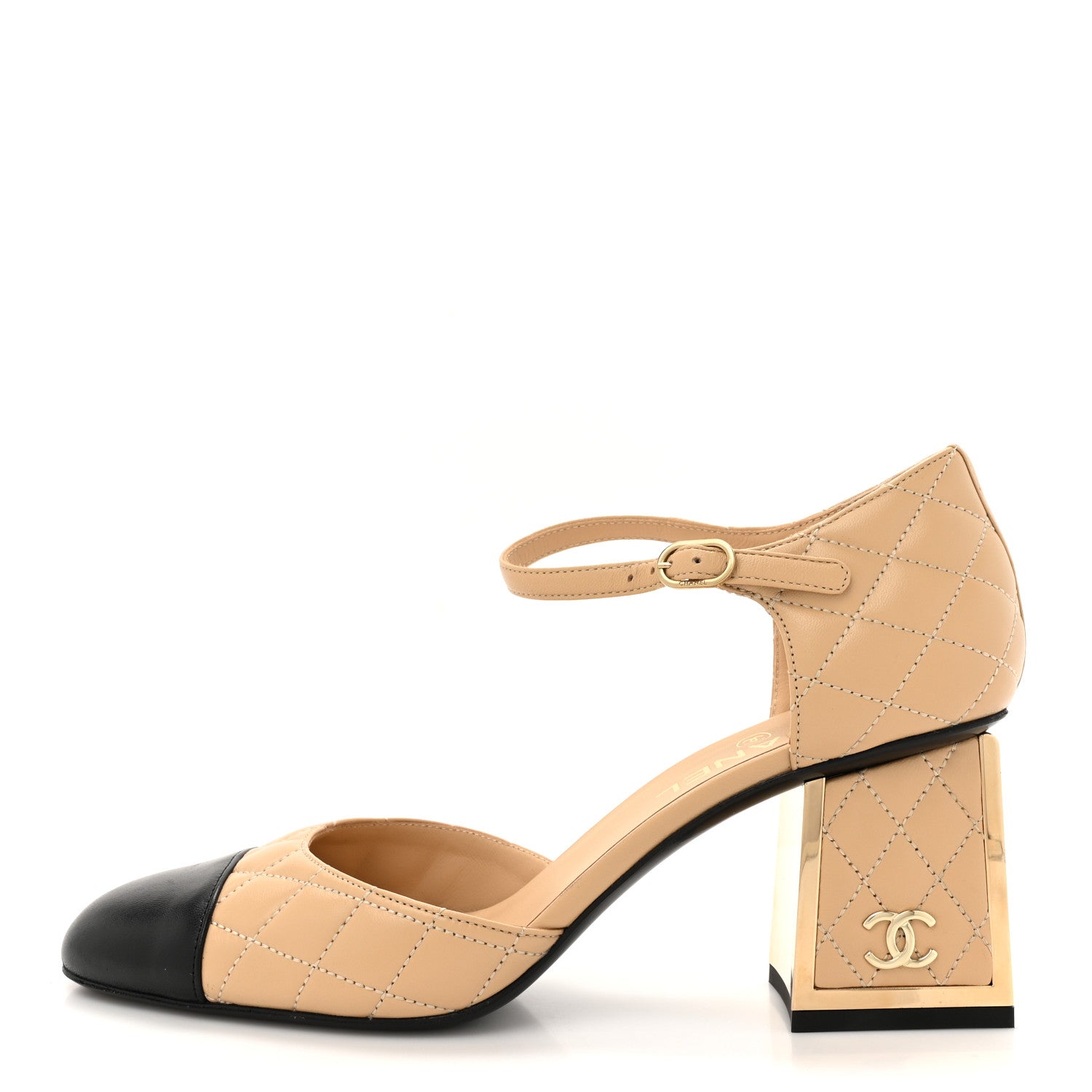 CHANEL ベージュ ブラック オープントゥハイヒール Chanel Lambskin Quilted Cap Toe Mary Jane Pumps 40 Beige Black