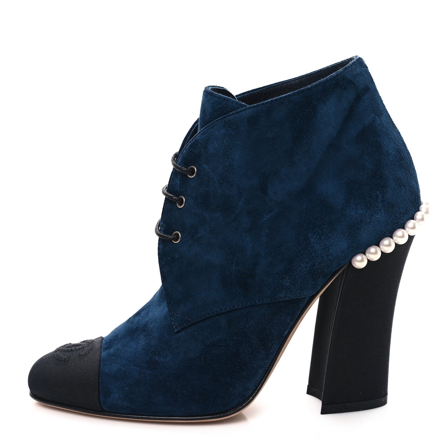 Suede Grosgrain Pearl Lace Up Booties 36 Dark Blue Black