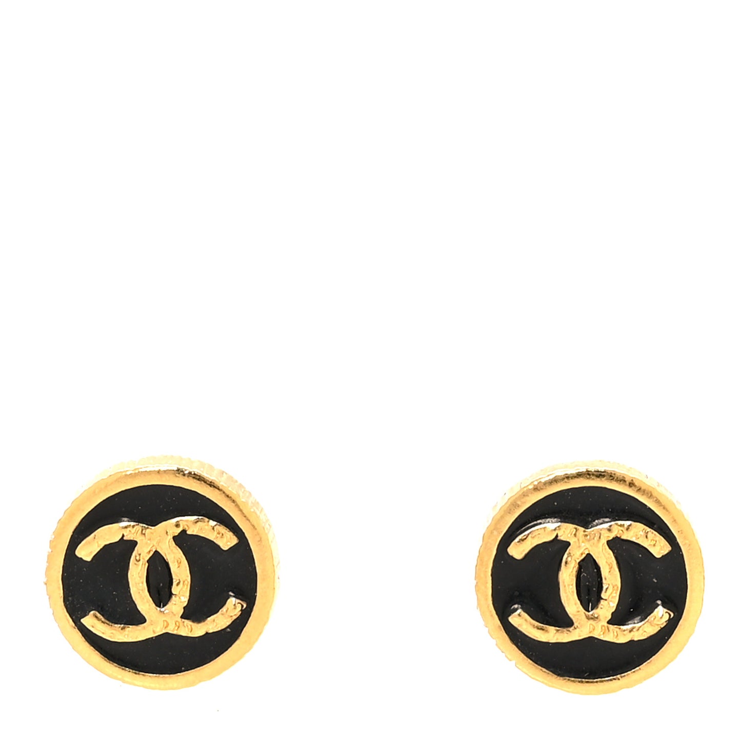 Metal Enamel CC Round Earrings Gold Black