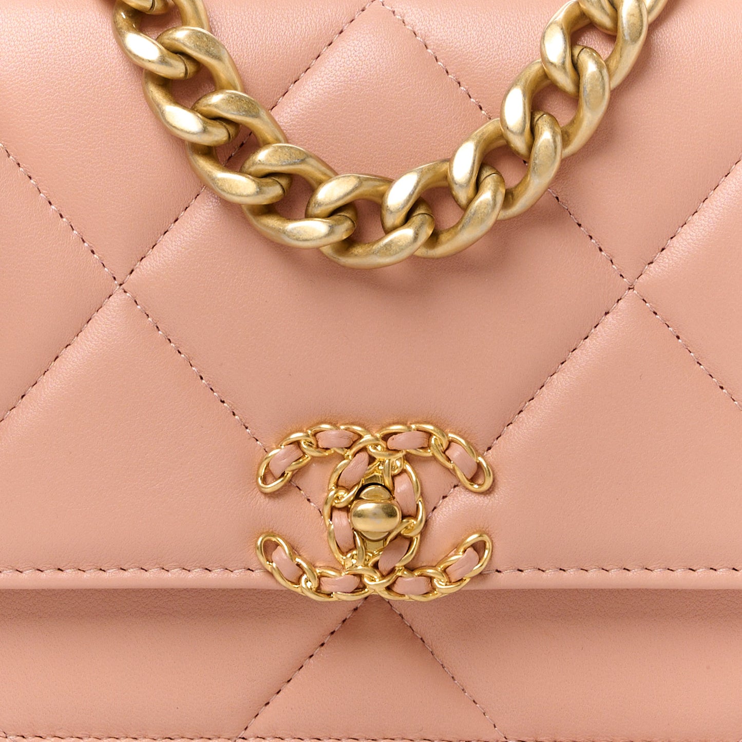 Lambskin Quilted Chanel 19 Wallet On Chain WOC Beige