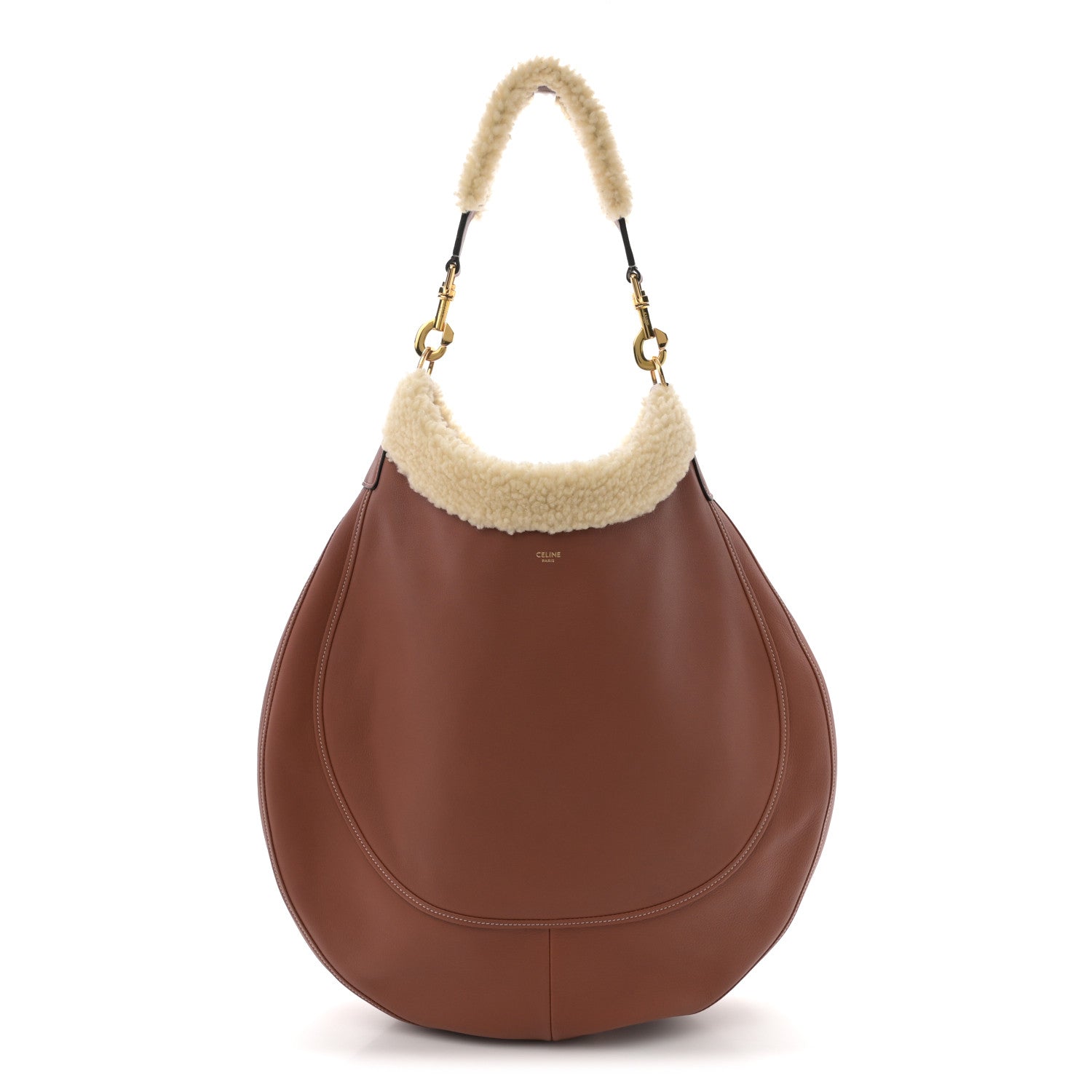 セリーヌ Celine Supple Calfskin Shearling Large Leandre Hobo Brown 1770502