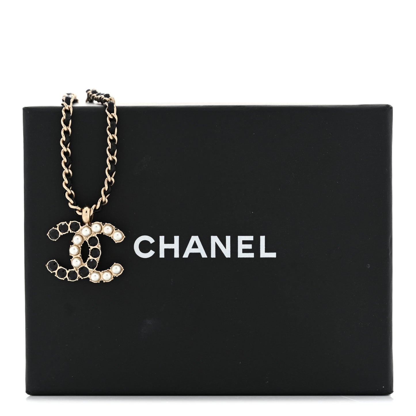 Pearl Crystal Lambskin Chain CC Short Necklace Black Gold