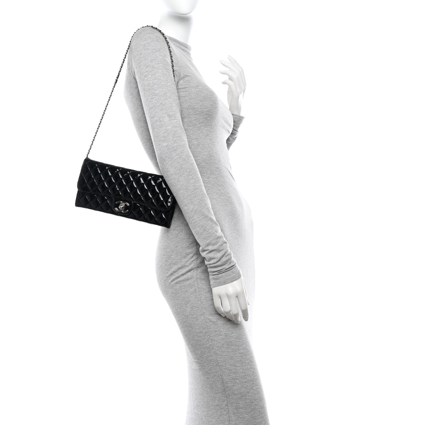 Patent Calfskin Quilted Flap Clutch With Chain Black