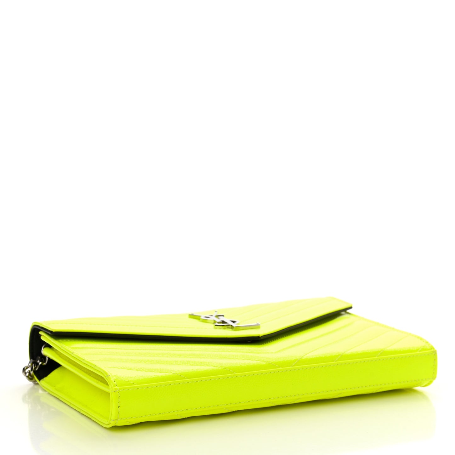 Patent Grain De Poudre Matelasse Chevron Monogram Chain Wallet Neon Yellow