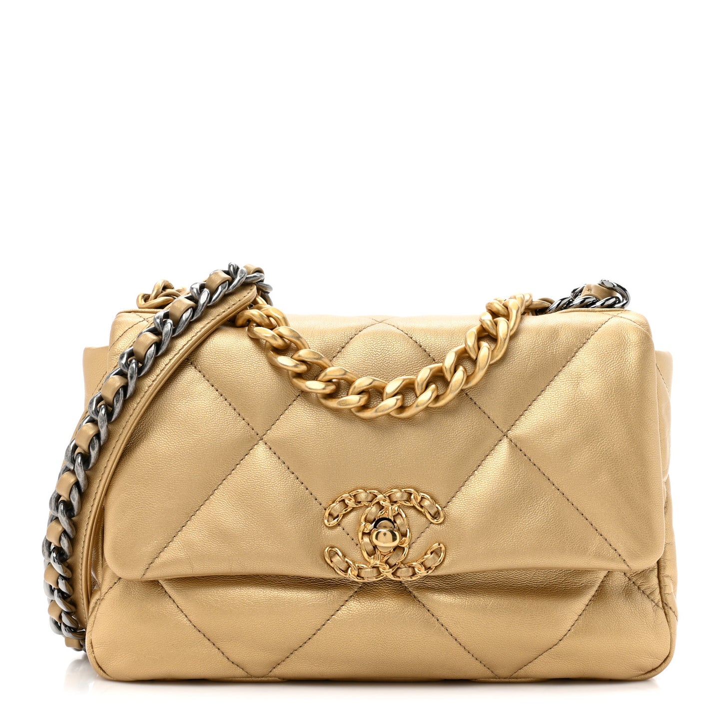 Metallic Goatskin Quilted Medium Chanel 19 Flap Gold