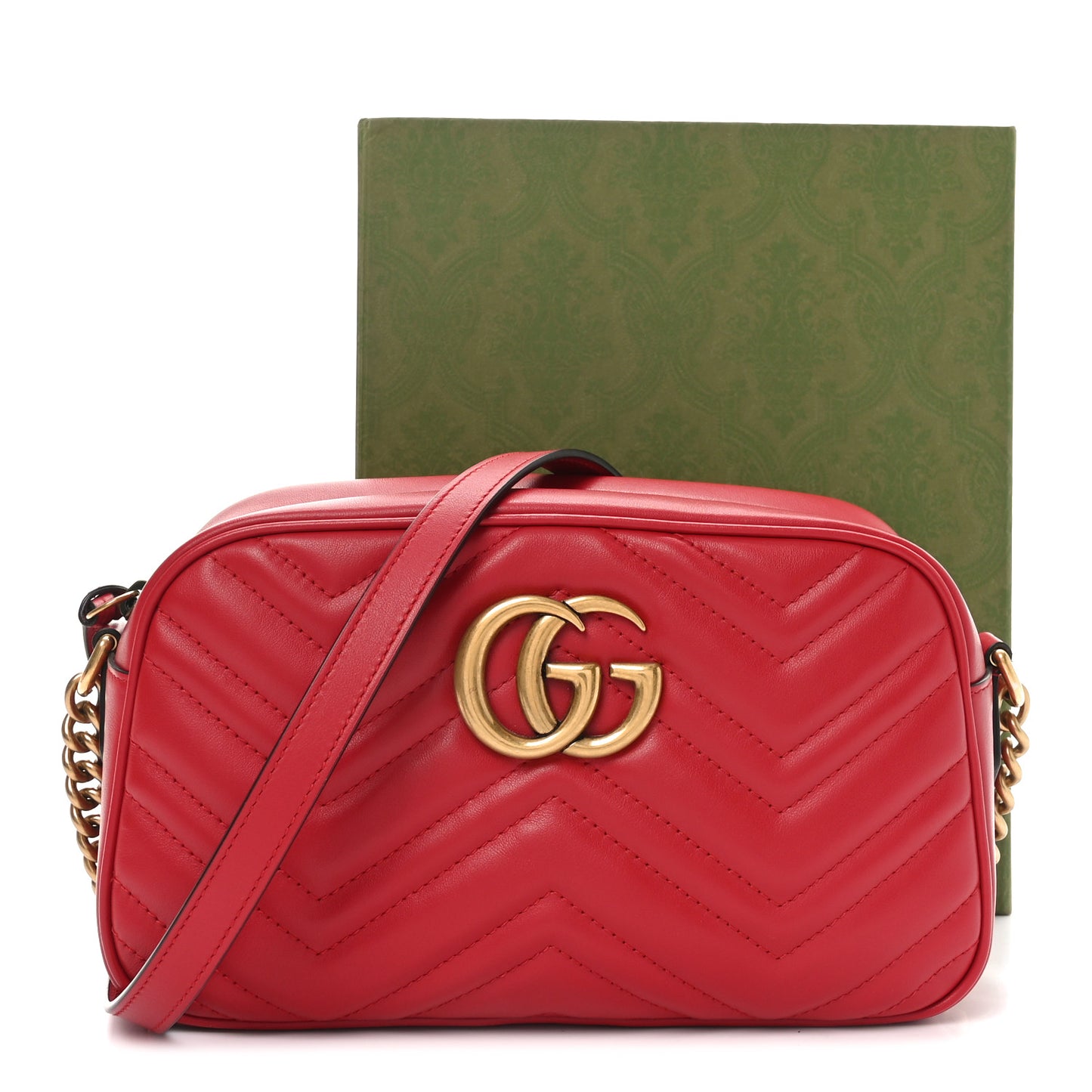 Calfskin Matelasse Small GG Marmont Chain Shoulder Bag Hibiscus Red