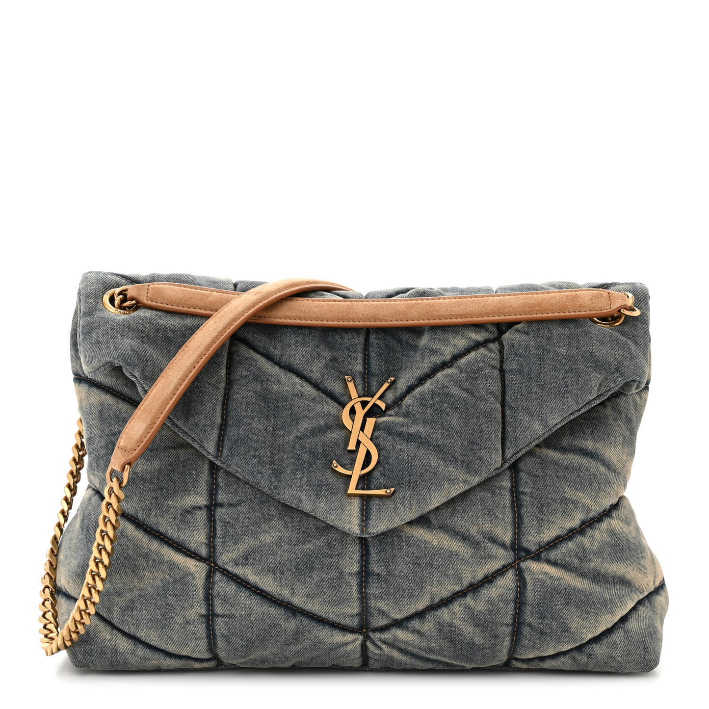 Denim Quilted Medium Loulou Puffer Monogram Chain Satchel Blue Cinnamon