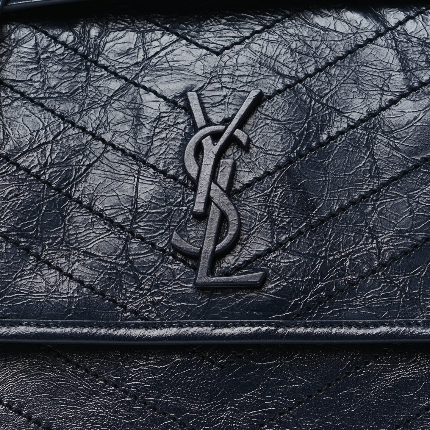 Crinkled Calfskin Matelasse Monogram Medium Niki Chain Satchel Deep Marine
