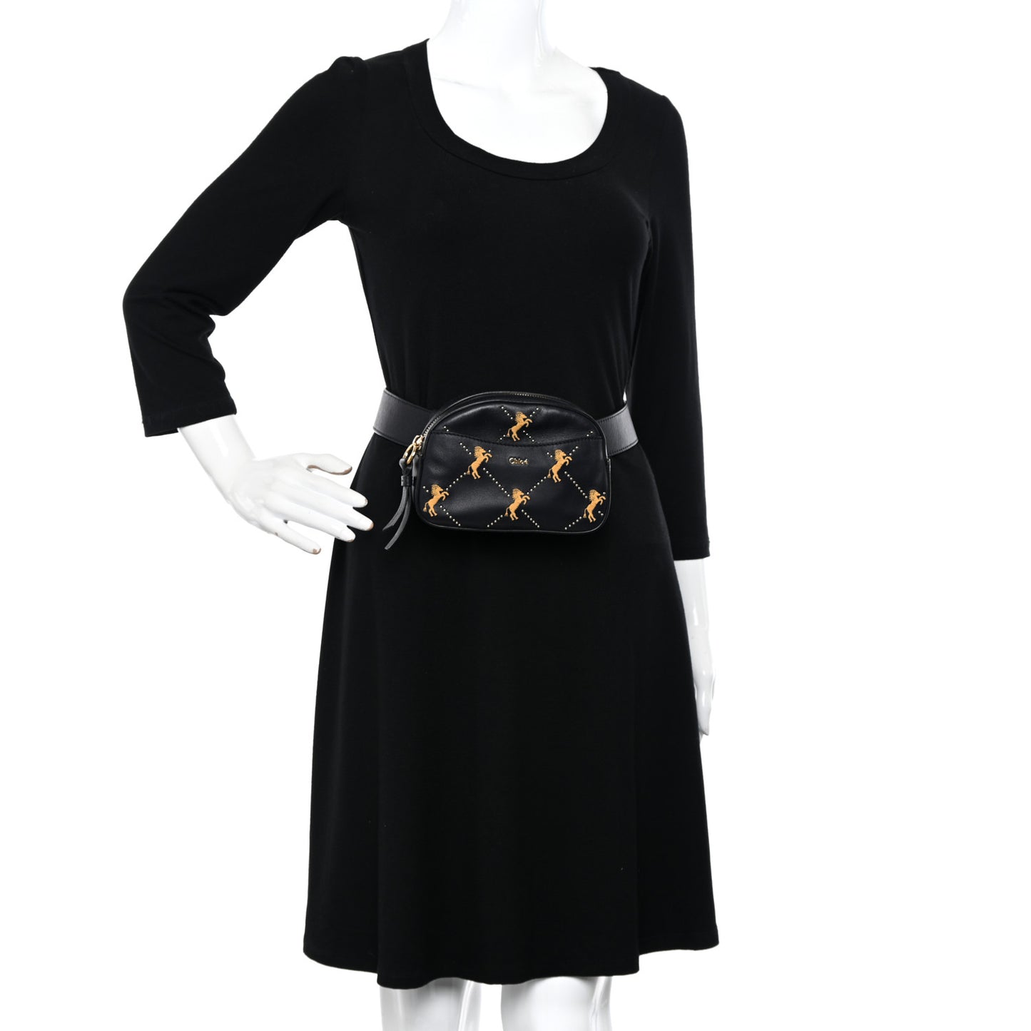 Smooth Calfskin Little Horses Embroidered Signature Belt Bag Black