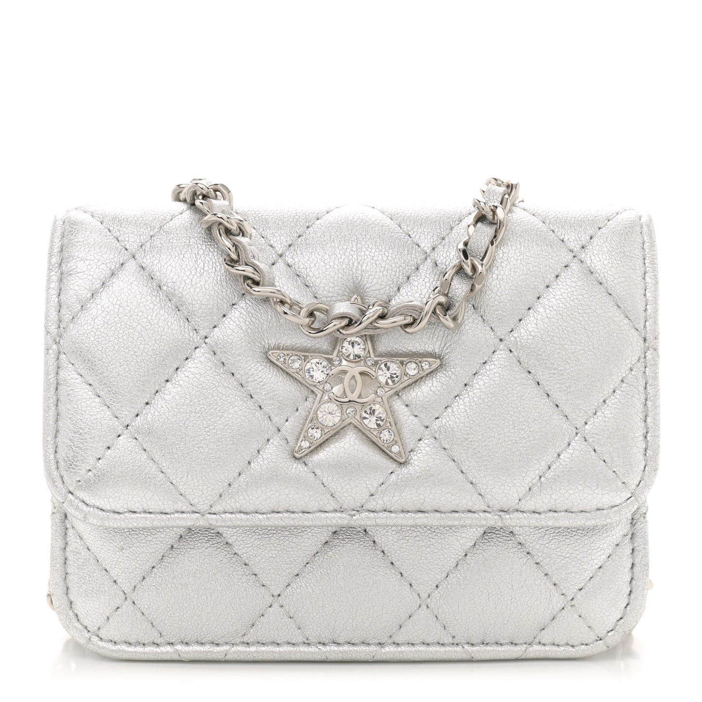 Metallic Goatskin Quilted Star Flap Waist Belt Bag Silver