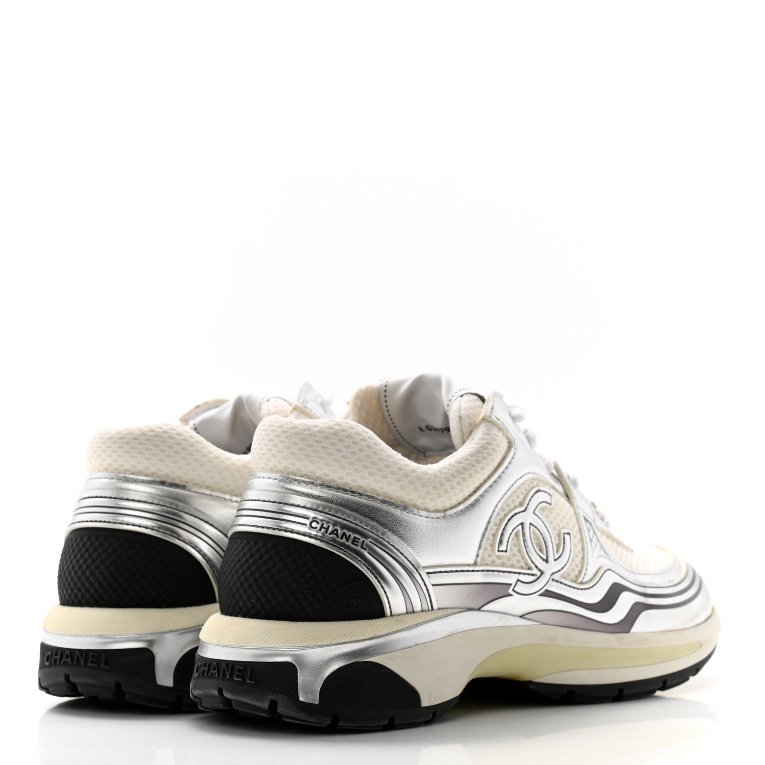 Chanel Fabric Laminated Calfskin Stretch CC Womens Sneakers 39 White Silver 4 of 10