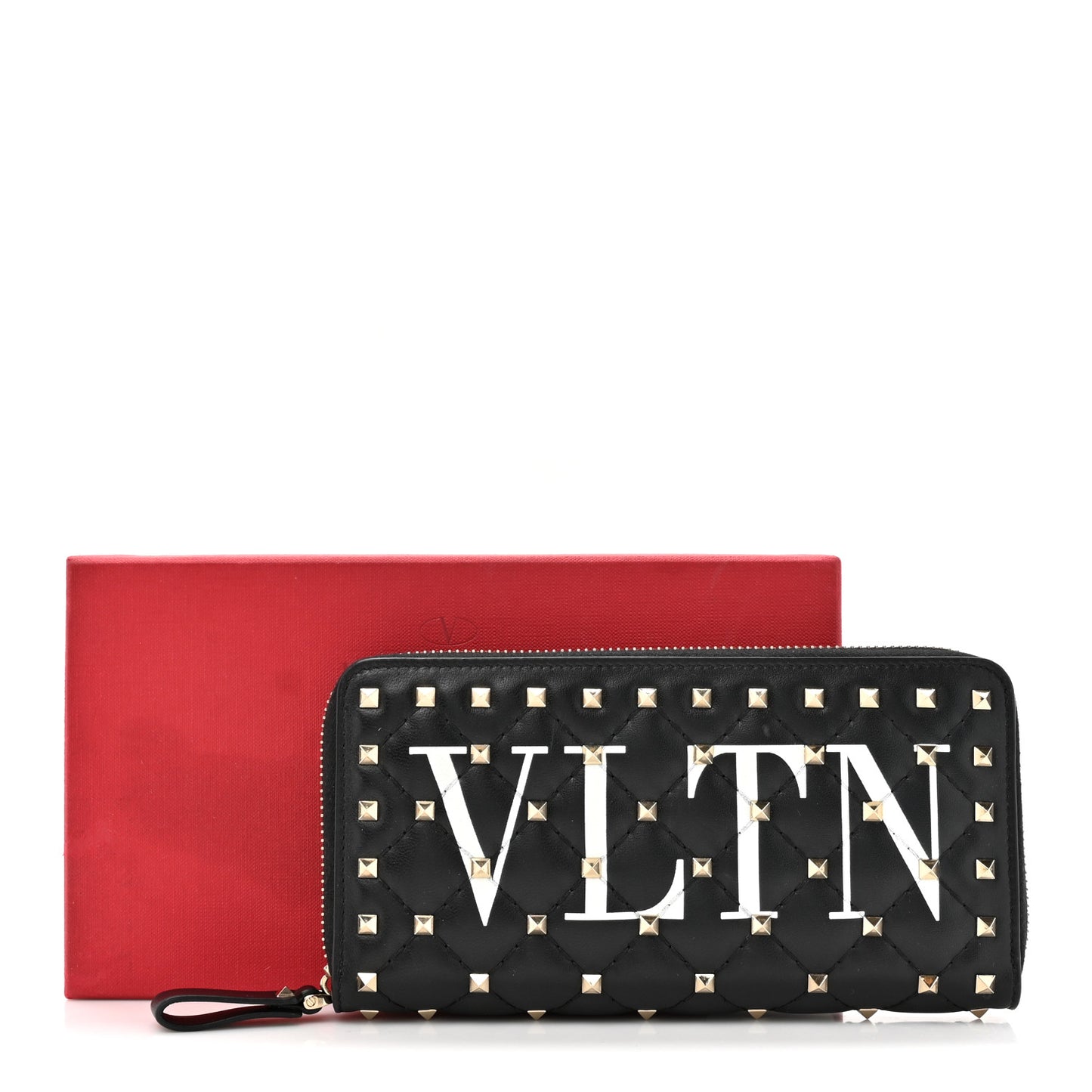 Lambskin Rockstud Spike VLTN Zip Around Wallet Black