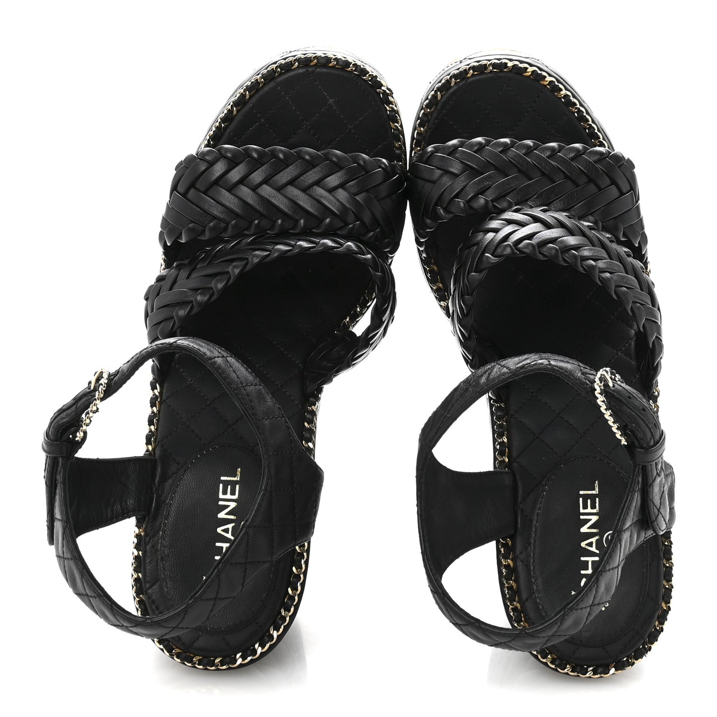 Calfskin Quilted Chain Around Wedge Sandals 37 Black