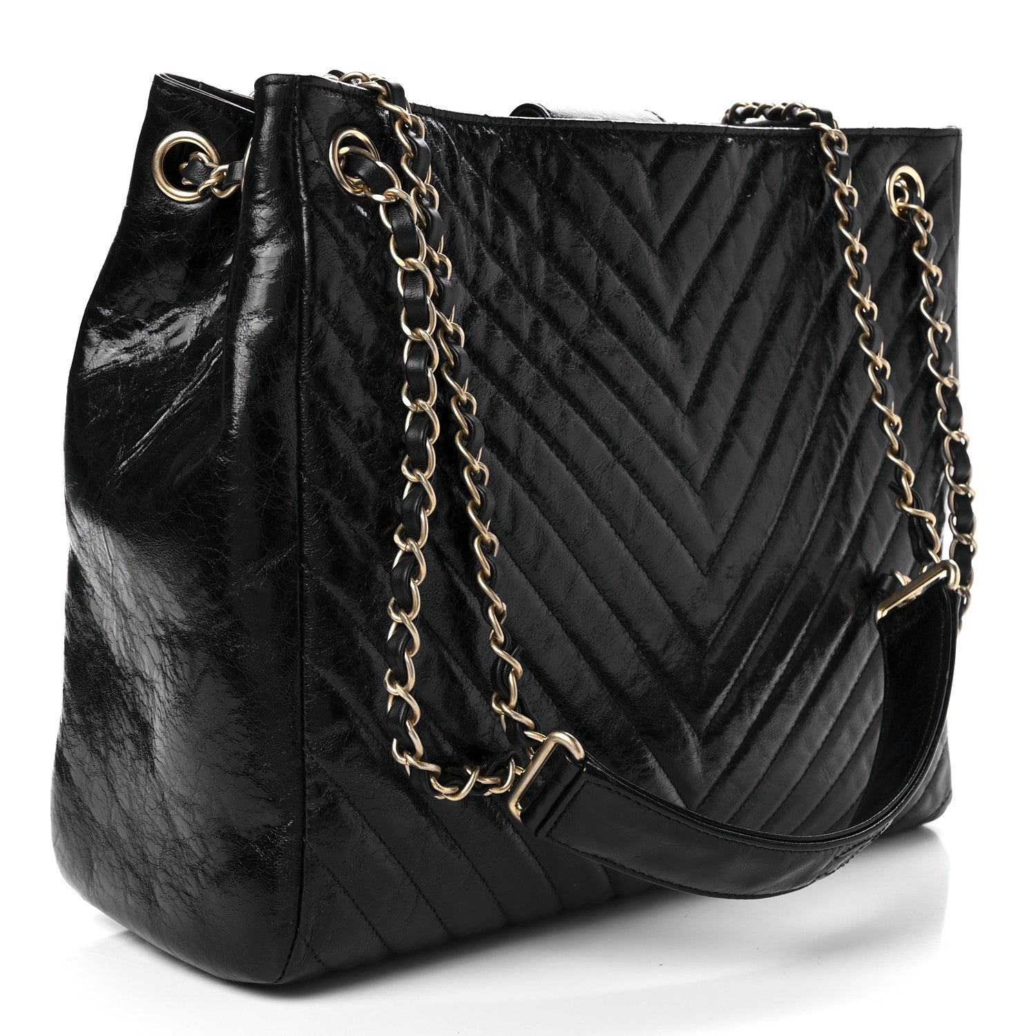 Chanel Aged Calfskin Chevron Quilted Shopping Tote Black 2 of 9