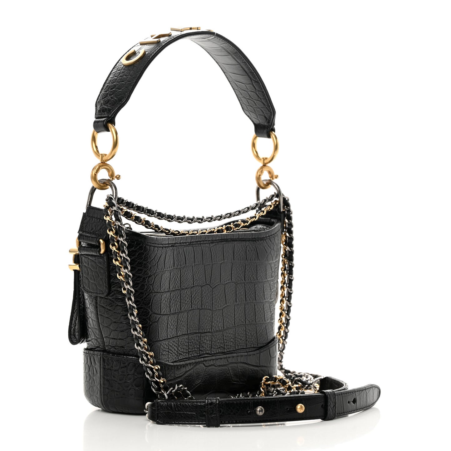 Calfskin Crocodile Embossed Small Gabrielle Cocodile Hobo Black