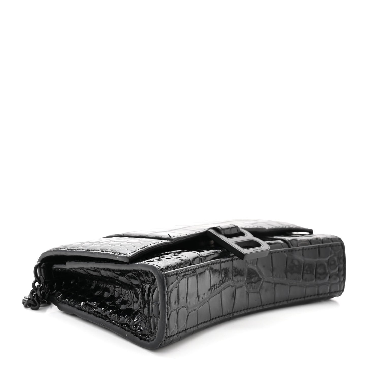 Shiny Calfskin Monochrome Crocodile Embossed Hourglass Chain Bag Black