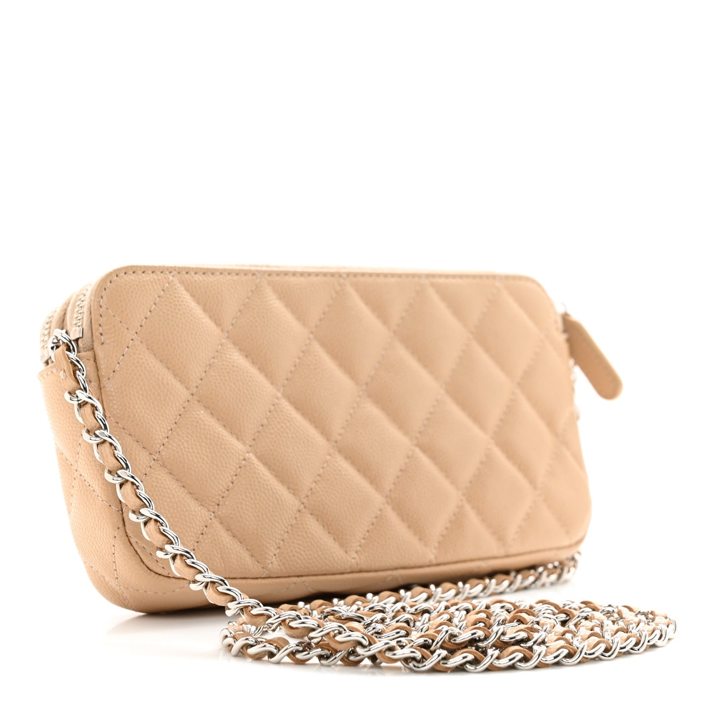Iridescent Caviar Quilted Small Clutch With Chain Beige