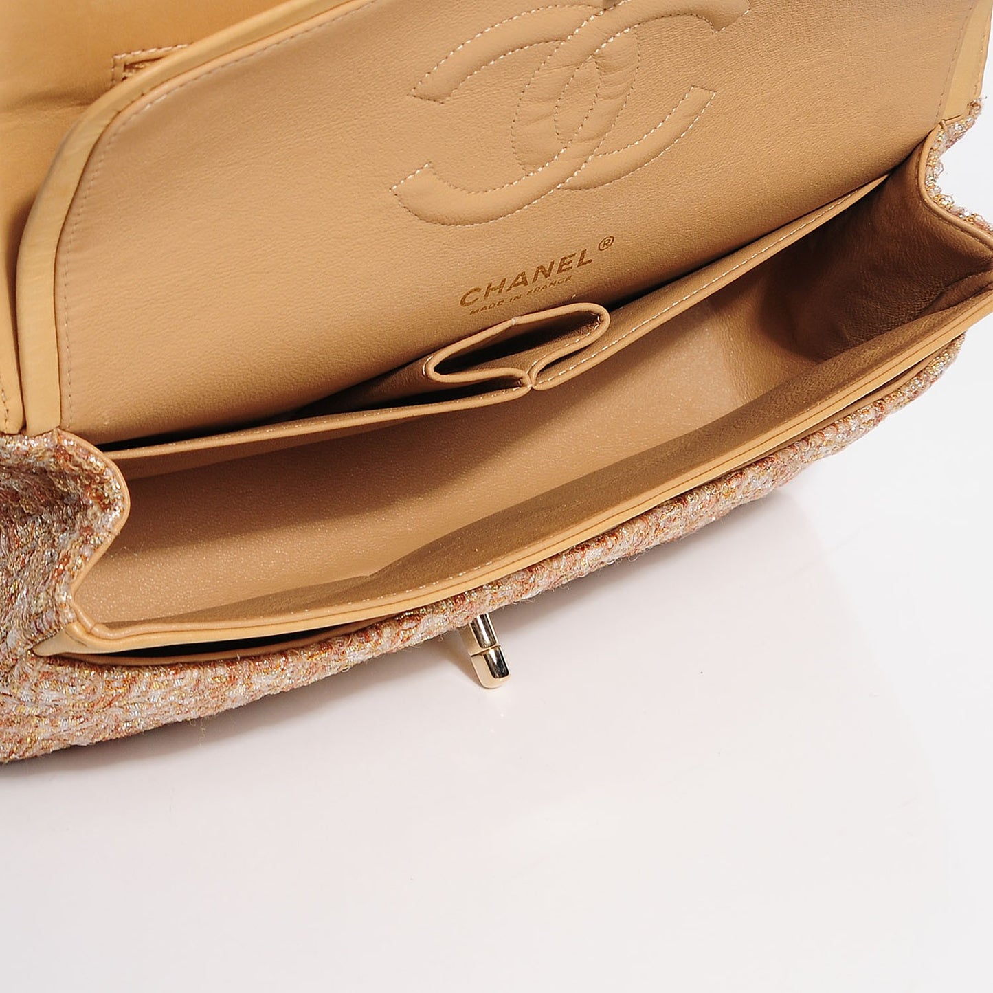 Tweed Quilted Medium Double Flap Brown Gold
