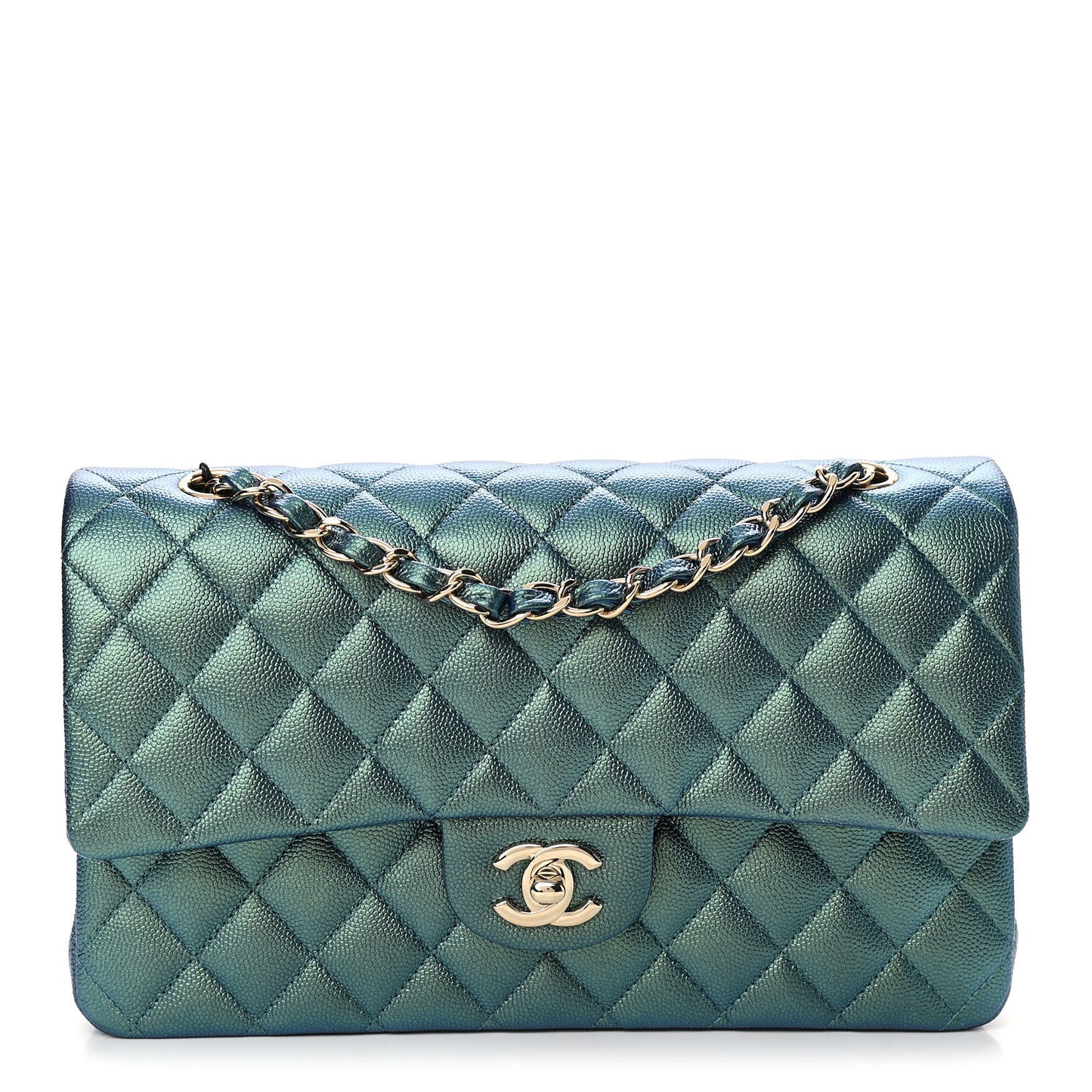 Iridescent Caviar Quilted Medium Double Flap Green