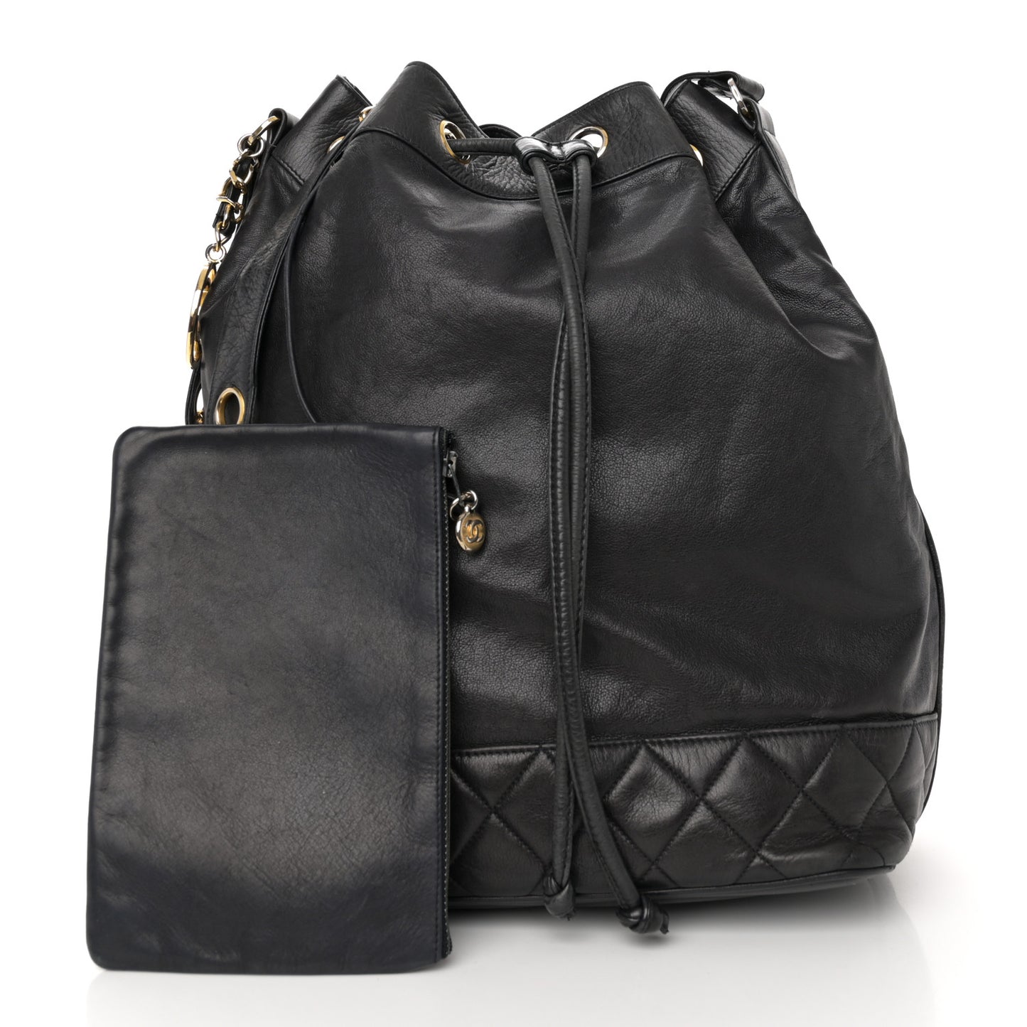 Lambskin Quilted Drawstring Bucket Bag Black