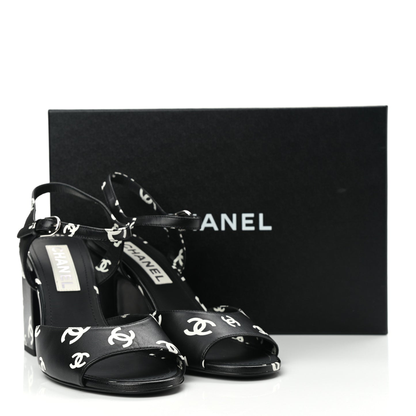 Printed Lambskin CC Sandals 39 Black White