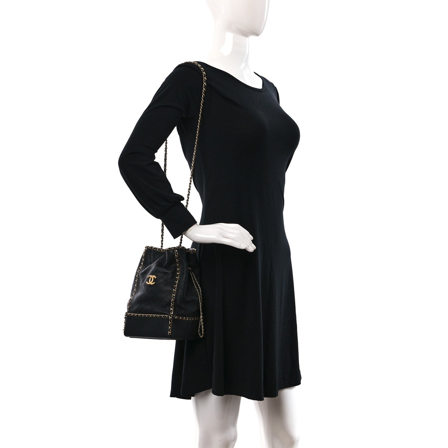 Calfskin Quilted Chain Bucket Bag Black