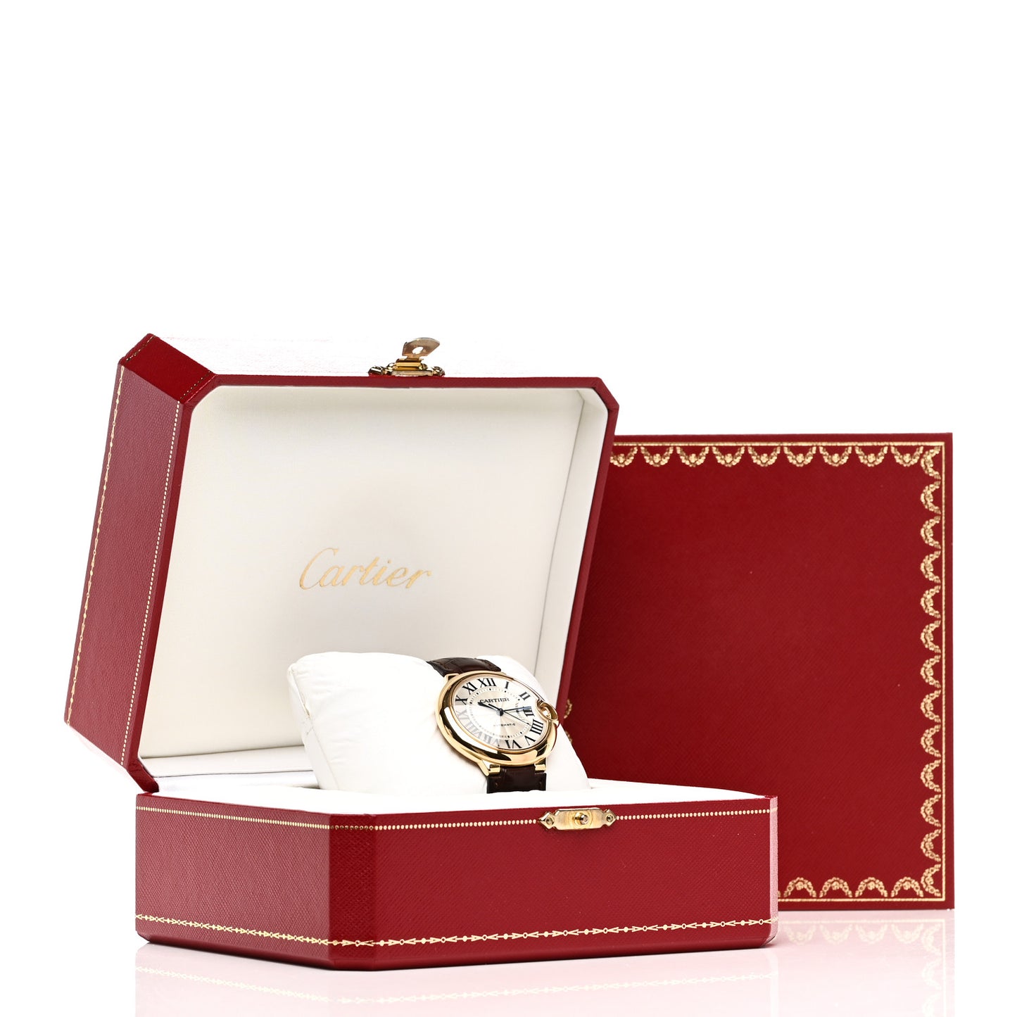 18K Yellow Gold Alligator 36mm Ballon Bleu De Cartier Automatic Watch Brown