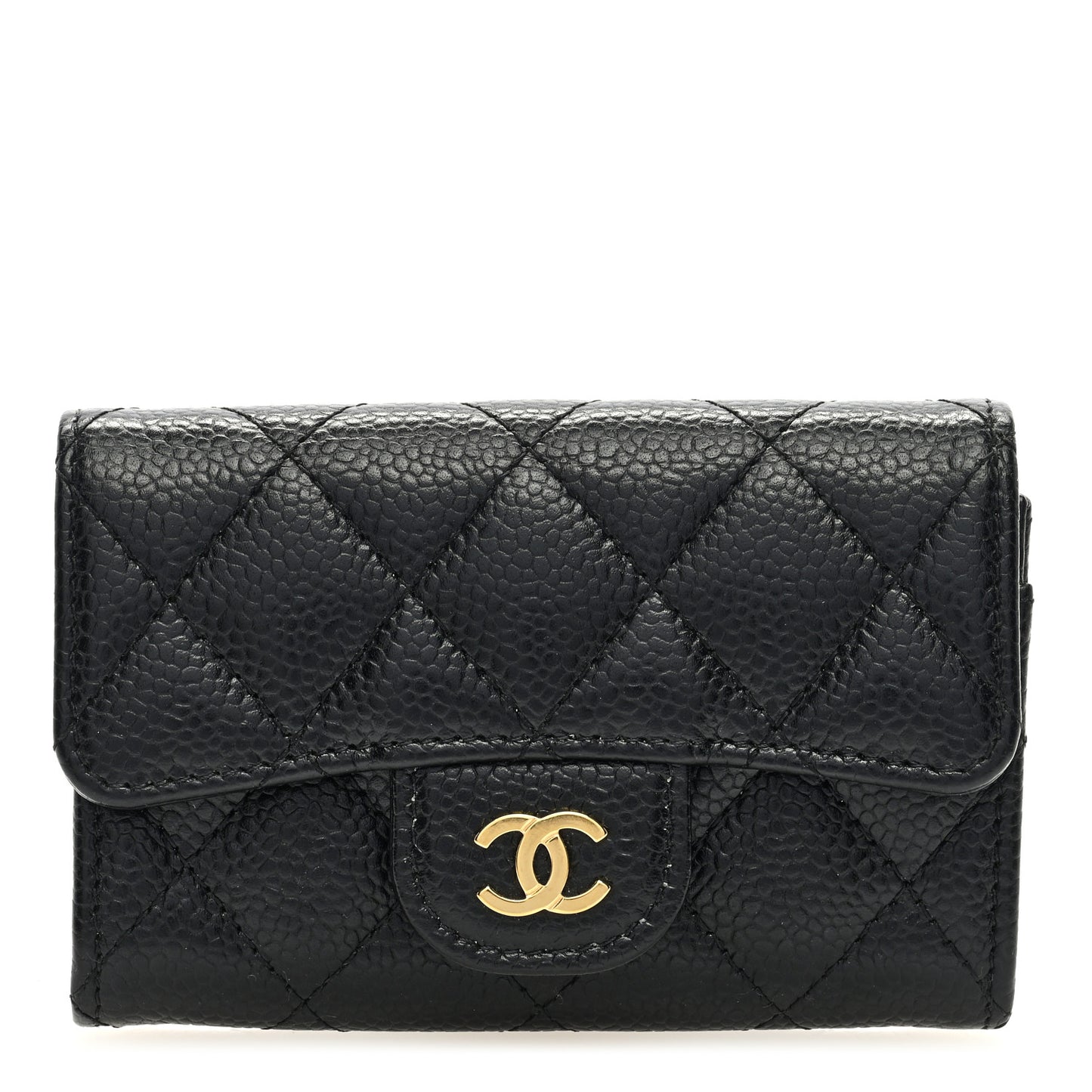 Caviar Quilted Flap Card Holder Wallet Black