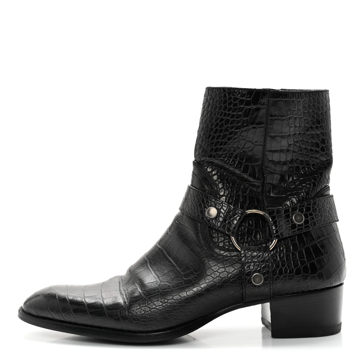 Saint Laurent Calfskin Crocodile Embossed Mens Wyatt Harness Boots