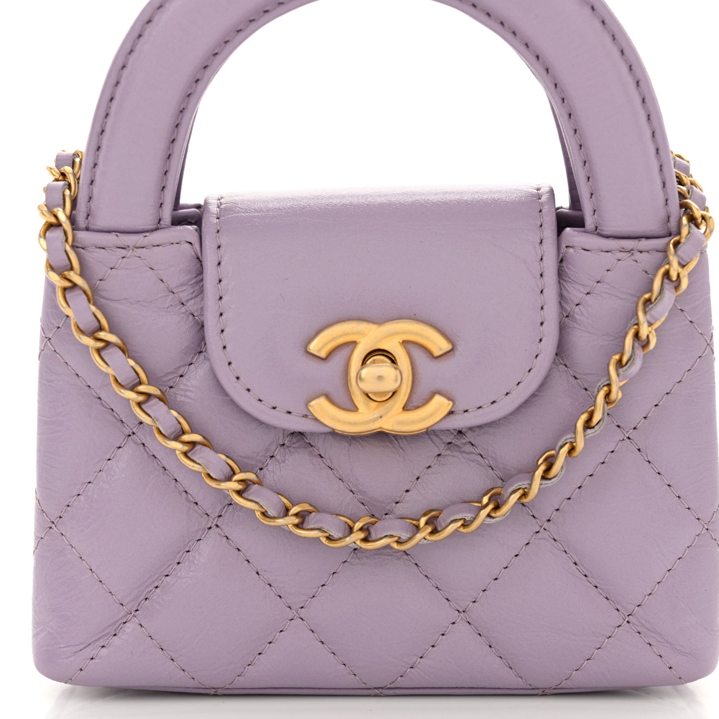 Shiny Aged Calfskin Quilted Mini Nano Kelly Shopper Lilac