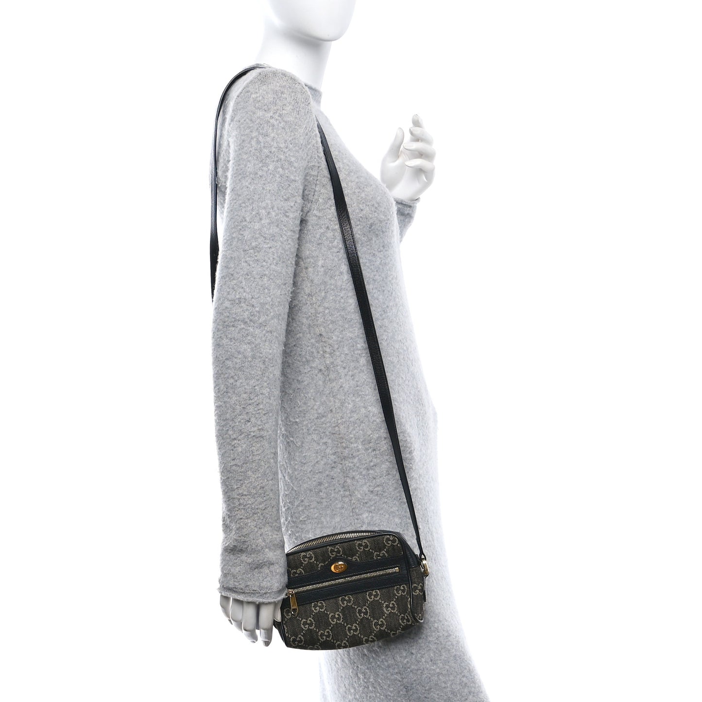 Jacquard Black Denim GG Monogram Textured Dollar Calfskin Mini Ophidia Shoulder Bag Black Ivory