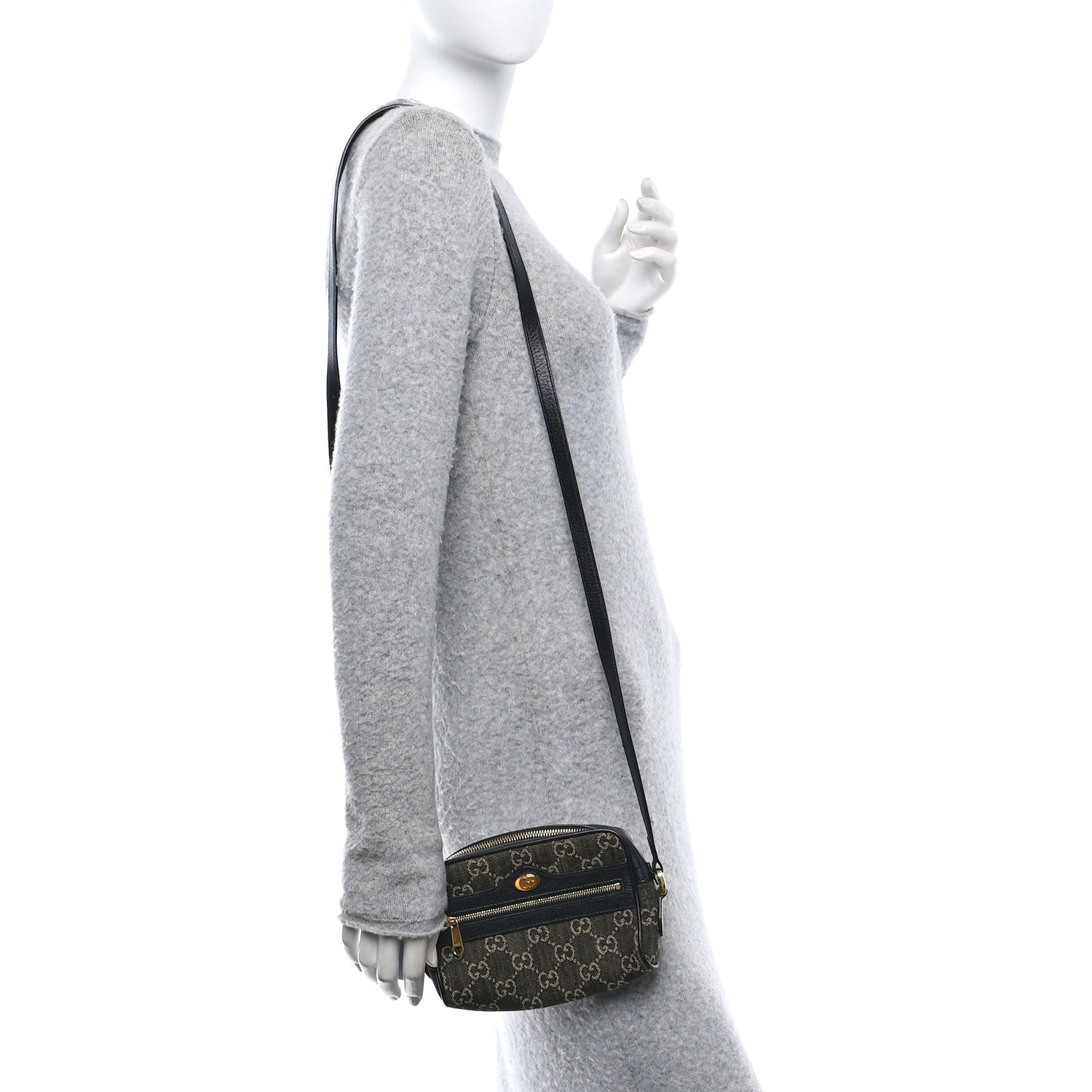 Gucci Jacquard Black Denim GG Monogram Textured Dollar Calfskin Mini Ophidia Shoulder Bag Black Ivory 2 of 10