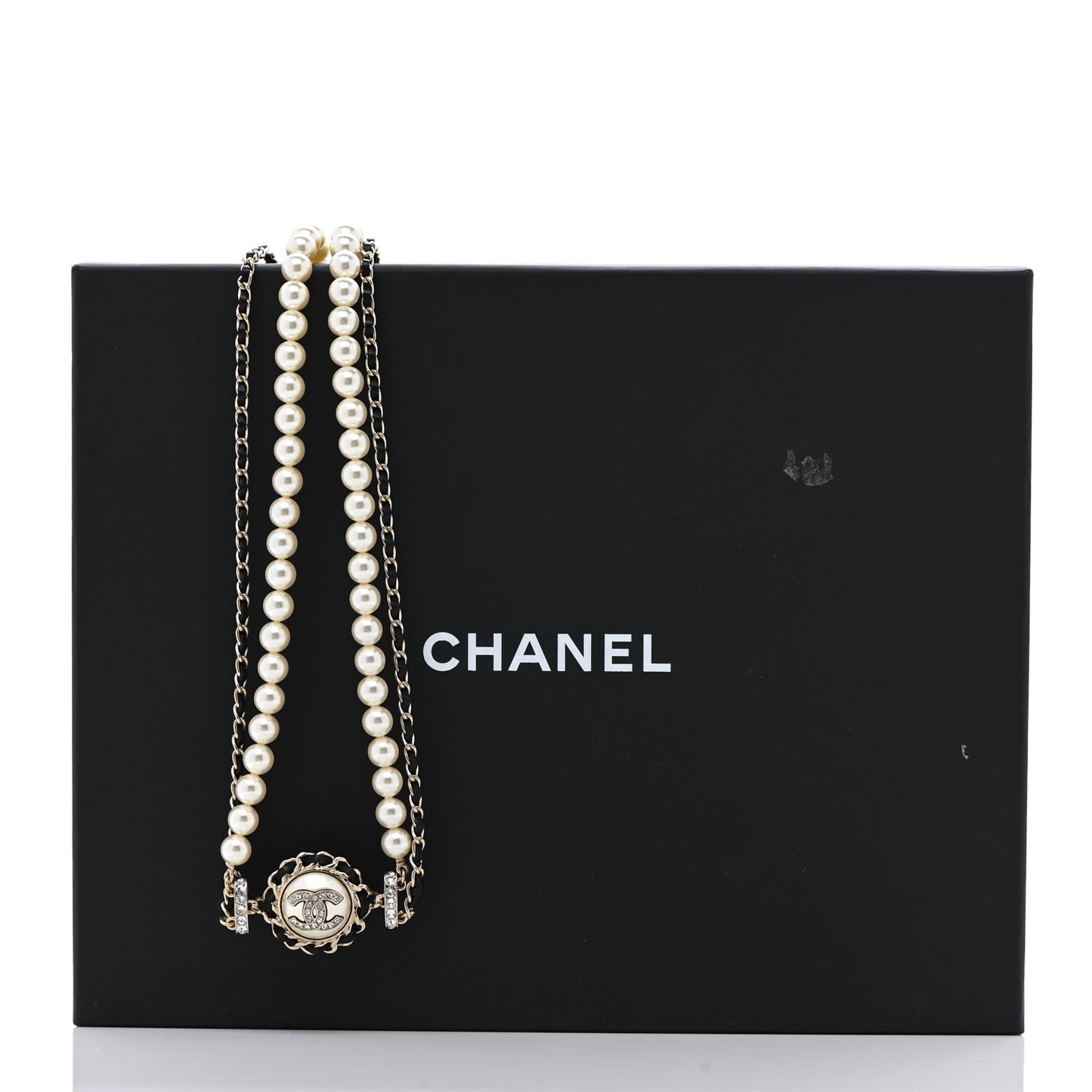Pearl Crystal Lambskin CC Long Necklace Gold Black